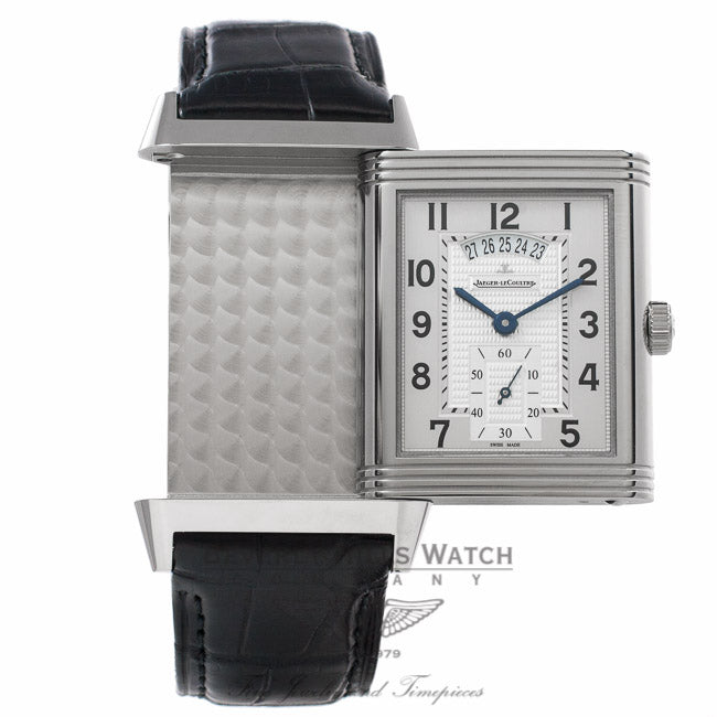 Jaeger Le Coultre Grande Reverso Duo Stainless Steel Black/ Silver Dial Black Alligator Strap Q3748421 UTNYN8 - Beverly Hills Watch Store