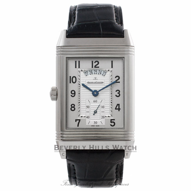 Jaeger Le Coultre Grande Reverso Duo Stainless Steel Black/ Silver Dial Black Alligator Strap Q3748421 UTNYN8 - Beverly Hills Watch Store