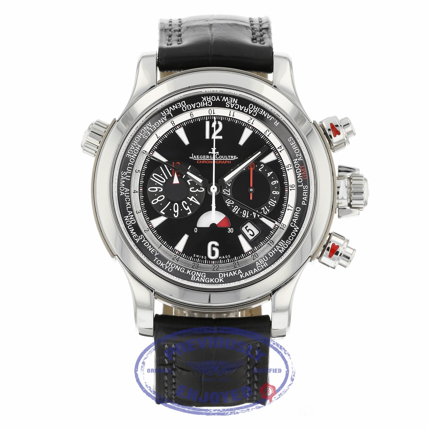 Jaeger LeCoultre Extreme World Stainless Steel Chronograph Black Dial Black Alligator Strap 150.8.22 AZ2Q21 - Beverly Hills Watch Company