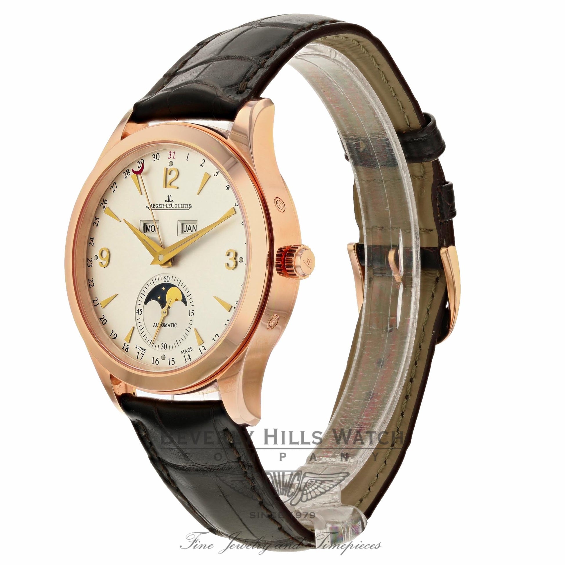 Jaeger LeCoultre Master Calendar 39MM 18k Rose Gold Silver Dial 43 Hour Power Reserve Q1552520 GWRBV6 - Beverly Hills Watch Company Watch Store