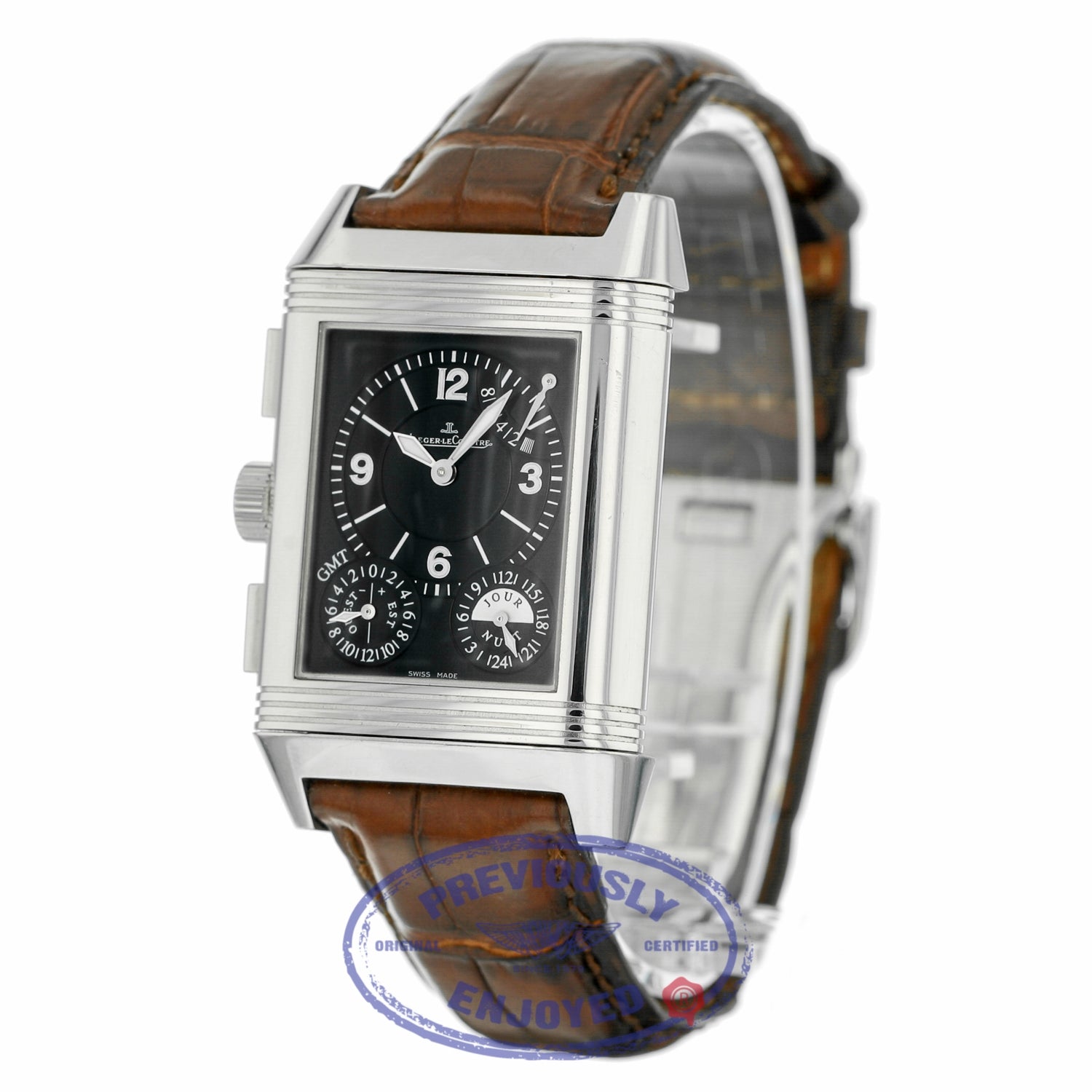 Jaeger LeCoultre Reverso Grande GMT Reserve Stainless Steel Alligator Strap Manual Wind 240.8.818 YXVY8Q - Beverly Hills Watch
