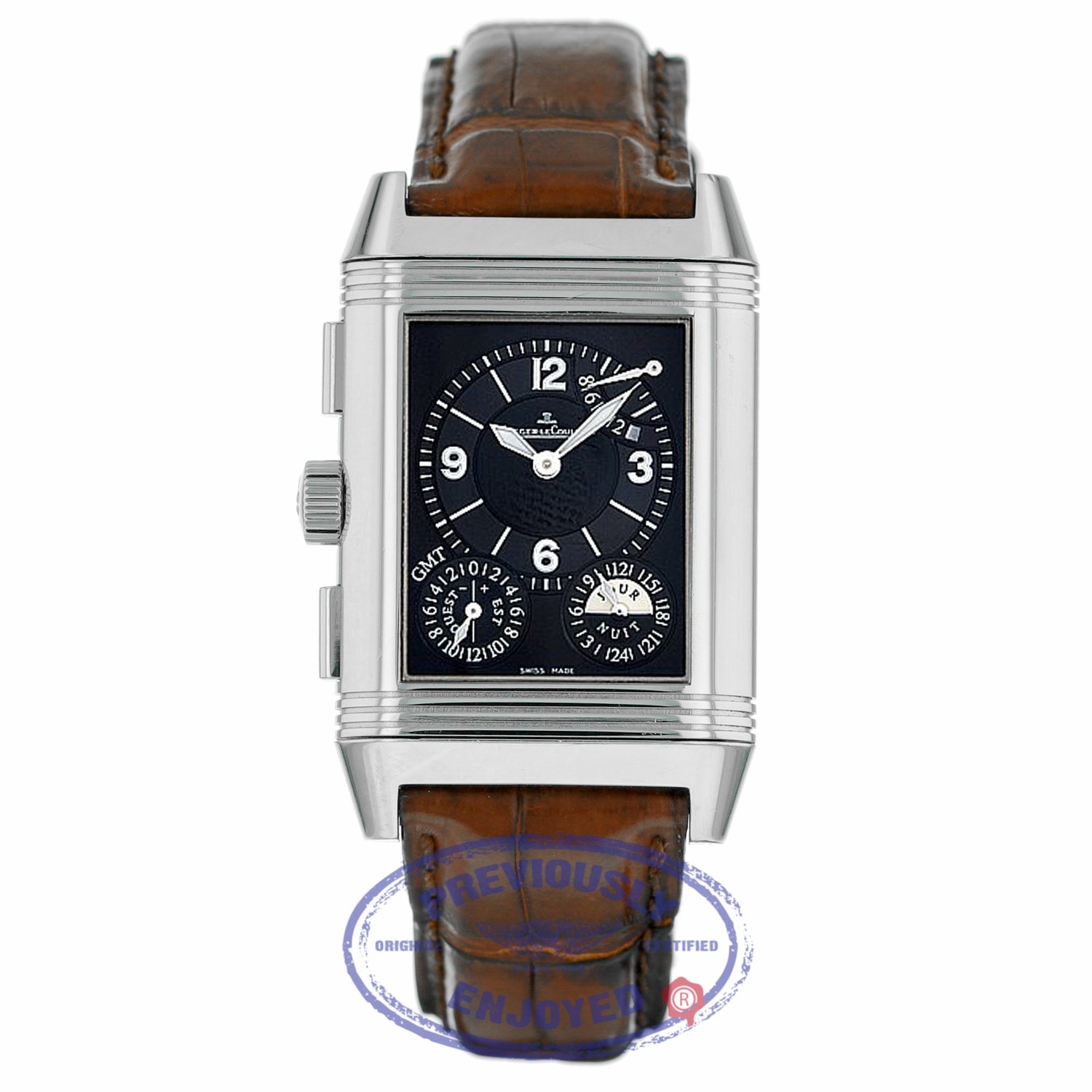 Jaeger LeCoultre Reverso Grande GMT Reserve Stainless Steel Alligator Strap Manual Wind 240.8.818 YXVY8Q - Beverly Hills Watch