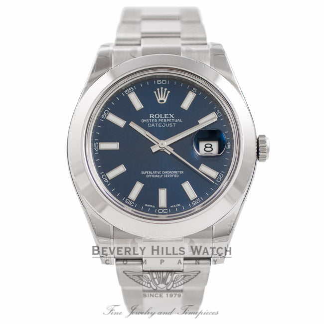 Rolex Datejust II Stainless Steel 41mm Smooth Bezel Oyster Bracelet Blue Stick Dial Watch 116300 D3AEJJ - Beverly Hills Watch Company Watch Store