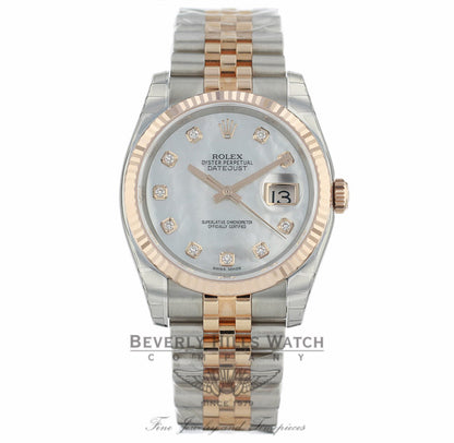 Rolex Datejust 36mm Stainless Steel and Rose Gold Jubilee Bracelet White Mother of Pearl Diamond Dial Fluted Bezel 116231 - JV9PA7 - Beverly Hills Watch Company Watch Store