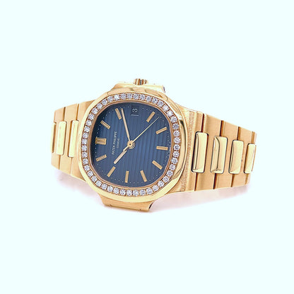 Patek Philippe Nautilus Diamond Bezel Yellow Gold Blue Dial 3800/1J - Beverly Hills Watch Company