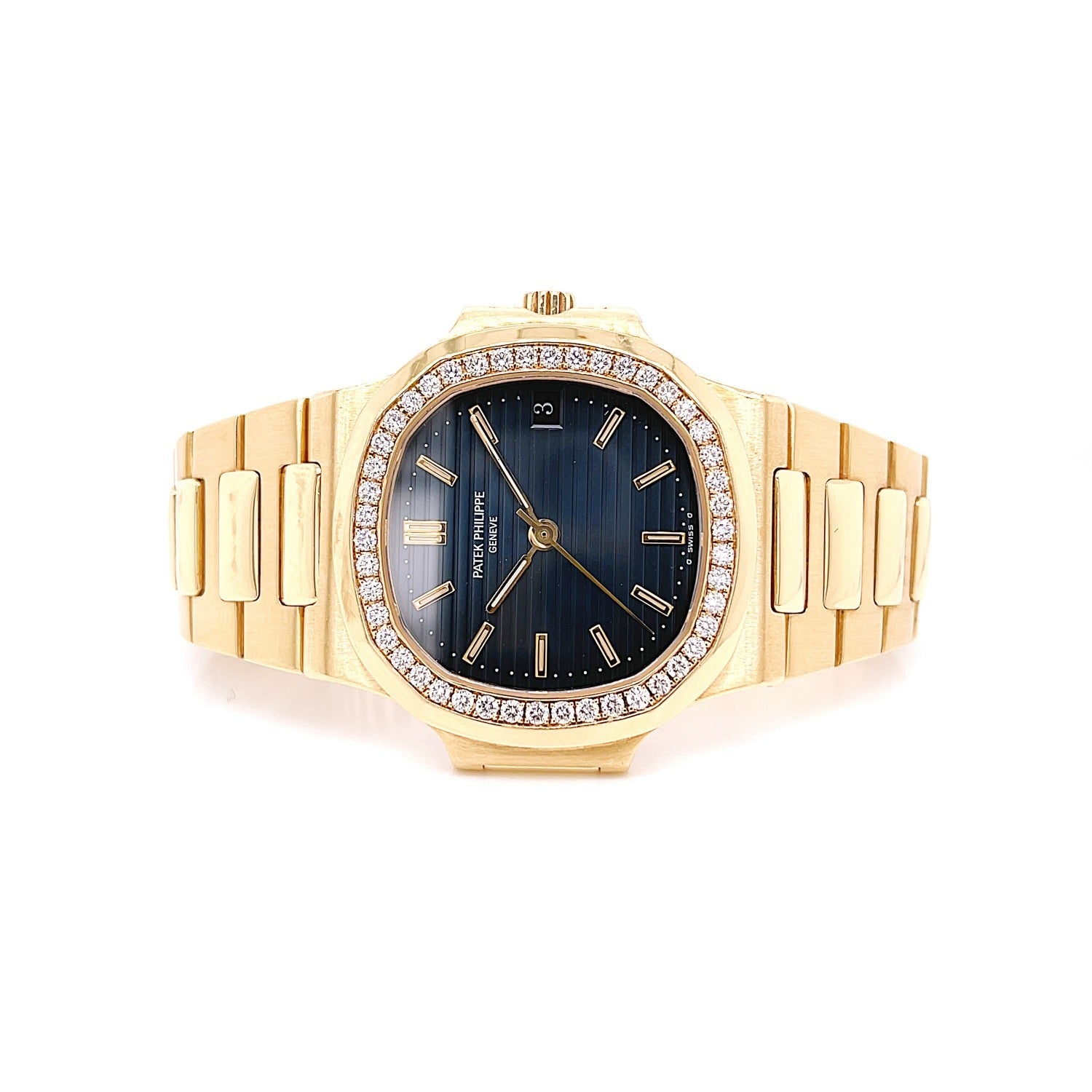Patek Philippe Nautilus Diamond Bezel Yellow Gold Blue Dial 3800/1J - Beverly Hills Watch Company