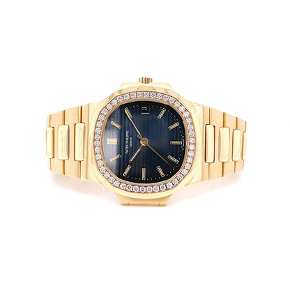 Patek Philippe Nautilus Diamond Bezel Yellow Gold Blue Dial 3800/1J - Beverly Hills Watch Company