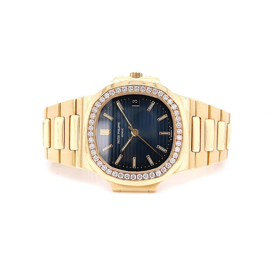 Patek Philippe Nautilus Diamond Bezel Yellow Gold Blue Dial 3800/1J - Beverly Hills Watch Company