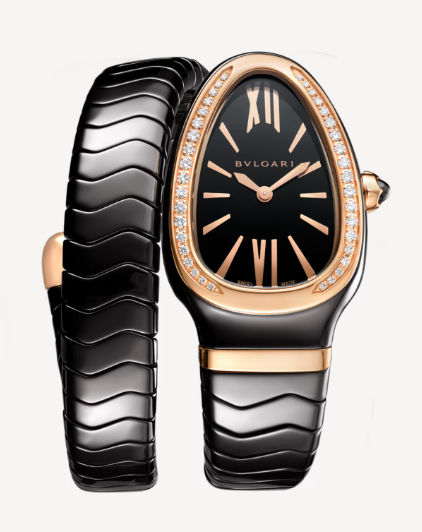 Serpenti Spiga Rose Gold Diamond Bezel Black Ceramic 102532 - Beverly Hills Watch Company