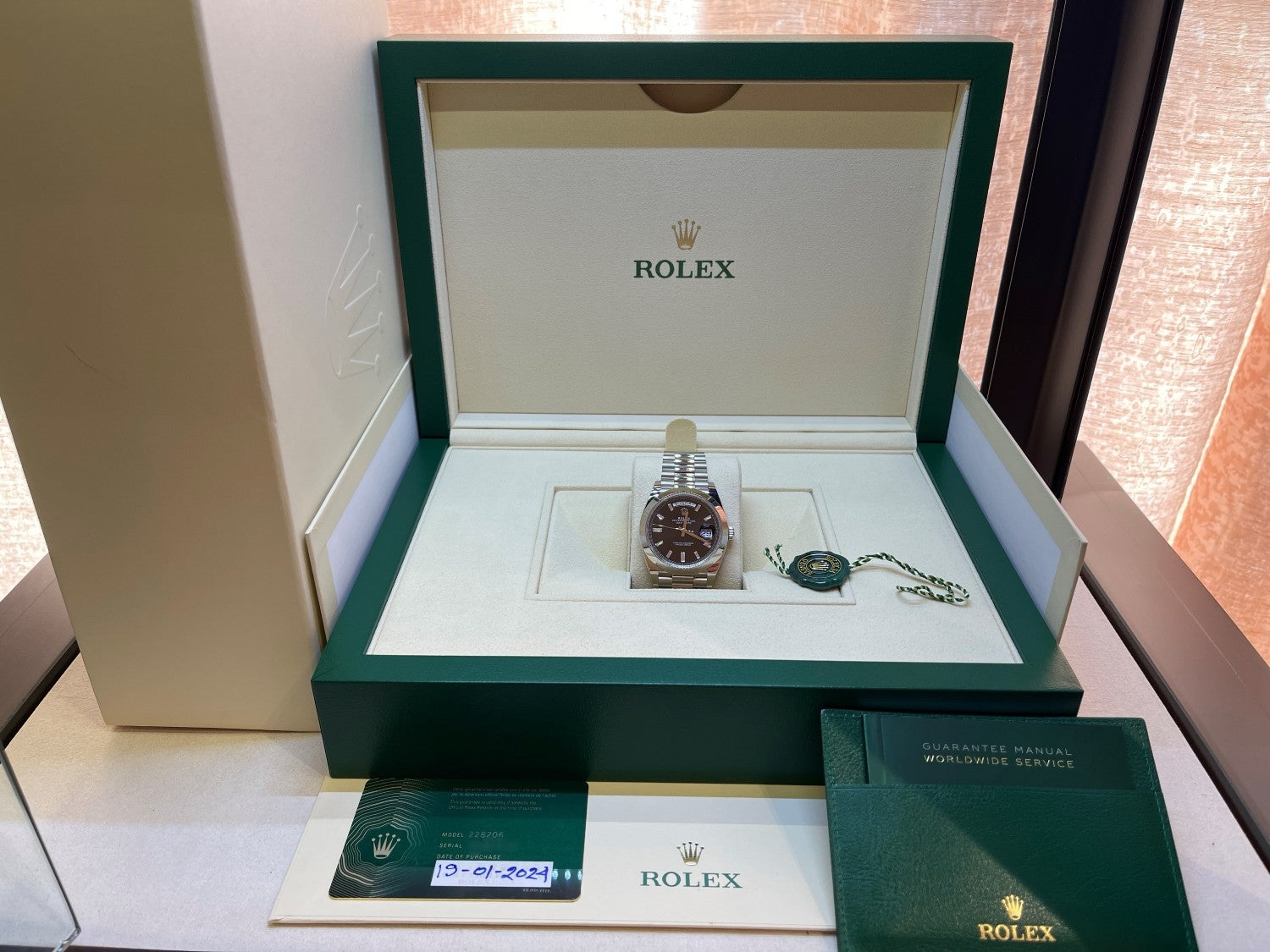 Rolex Day Date Platinum 40mm Black Baguette Diamond Dial 228206 - Beverly Hills Watch Company