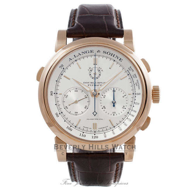 A.Lange & Sohne Lange Double Split Chronograph 43MM Rose Gold Silver Dial Brown Alligator Strap 404.032 E4J3YM - Beverly Hills Watch store