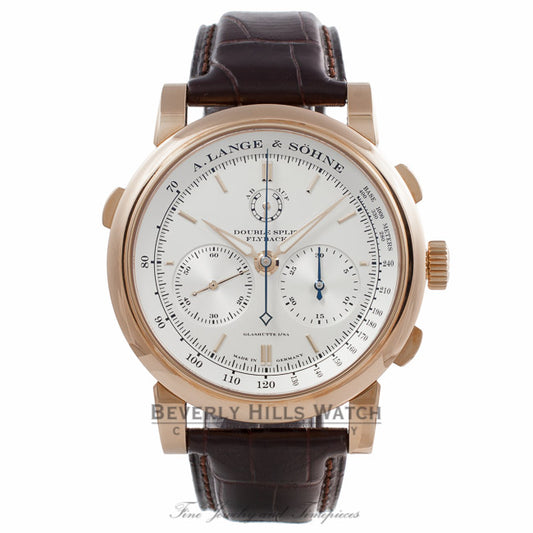 A.Lange & Sohne Lange Double Split Chronograph 43MM Rose Gold Silver Dial Brown Alligator Strap 404.032 E4J3YM - Beverly Hills Watch store