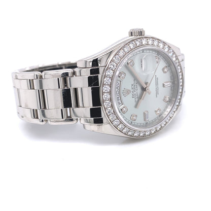Rolex Day-Date Platinum Masterpiece Diamond Bezel Glacier Blue Diamond Dial 18946 - Beverly Hills Watch Company
