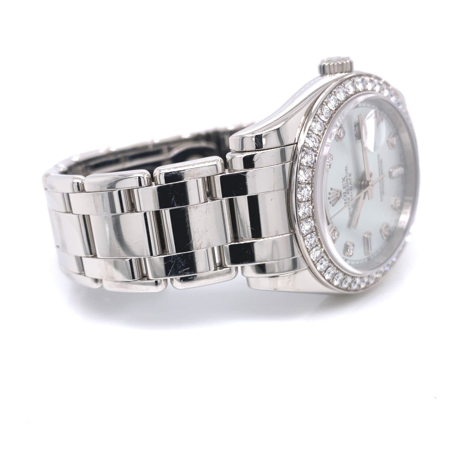 Rolex Day-Date Platinum Masterpiece Diamond Bezel Glacier Blue Diamond Dial 18946 - Beverly Hills Watch Company