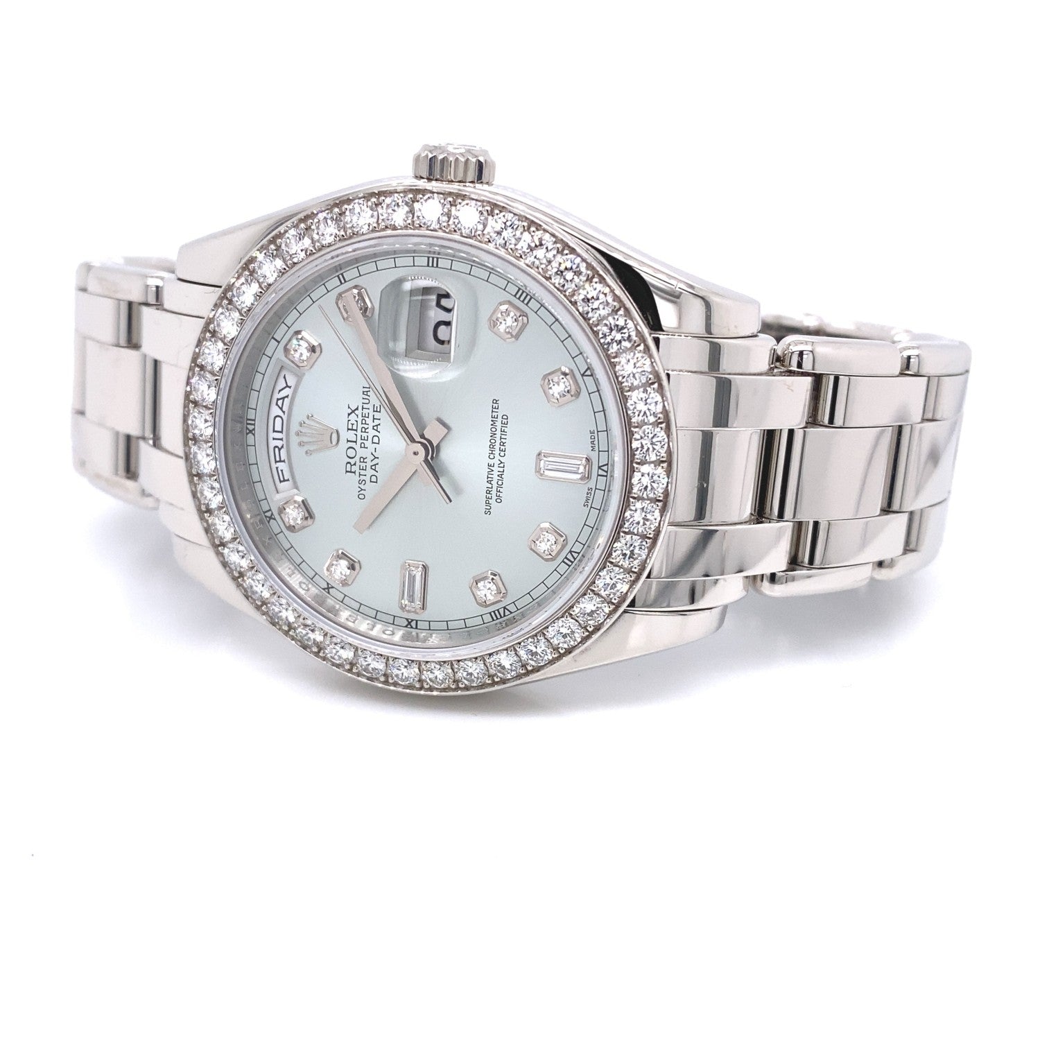 Rolex Day-Date Platinum Masterpiece Diamond Bezel Glacier Blue Diamond Dial 18946 - Beverly Hills Watch Company