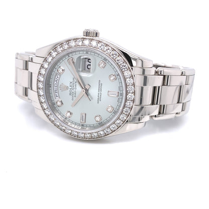 Rolex Day-Date Platinum Masterpiece Diamond Bezel Glacier Blue Diamond Dial 18946 - Beverly Hills Watch Company