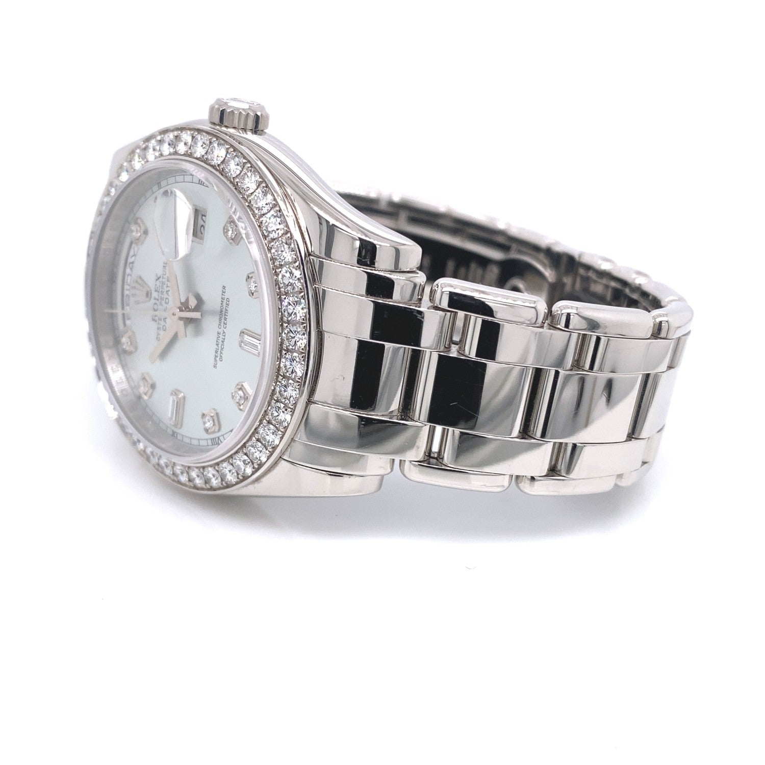 Rolex Day-Date Platinum Masterpiece Diamond Bezel Glacier Blue Diamond Dial 18946 - Beverly Hills Watch Company