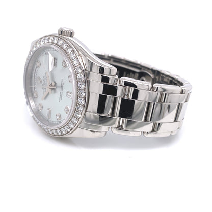 Rolex Day-Date Platinum Masterpiece Diamond Bezel Glacier Blue Diamond Dial 18946 - Beverly Hills Watch Company