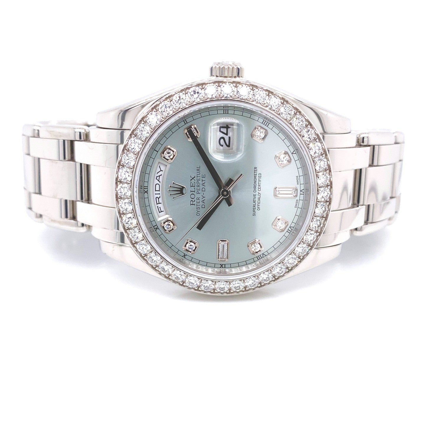 Rolex Day-Date Platinum Masterpiece Diamond Bezel Glacier Blue Diamond Dial 18946 - Beverly Hills Watch Company