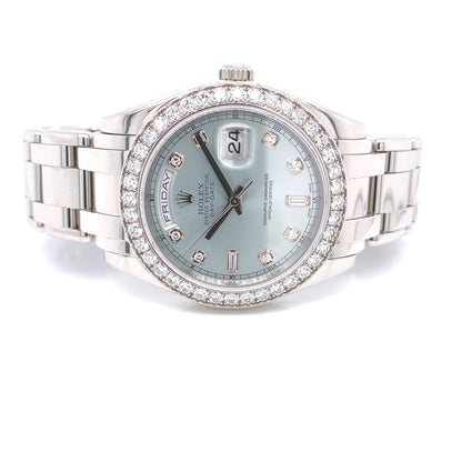 Rolex Day-Date Platinum Masterpiece Diamond Bezel Glacier Blue Diamond Dial 18946 - Beverly Hills Watch Company