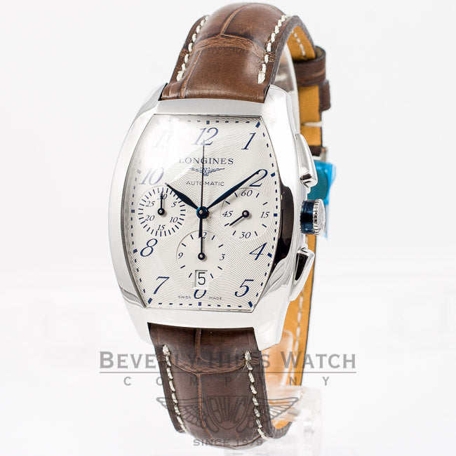 Longines Evidenza Stainless Steel Chronograph White Dial Leather Strap Watch L26434734 Beverly Hills Watch Company Watches
