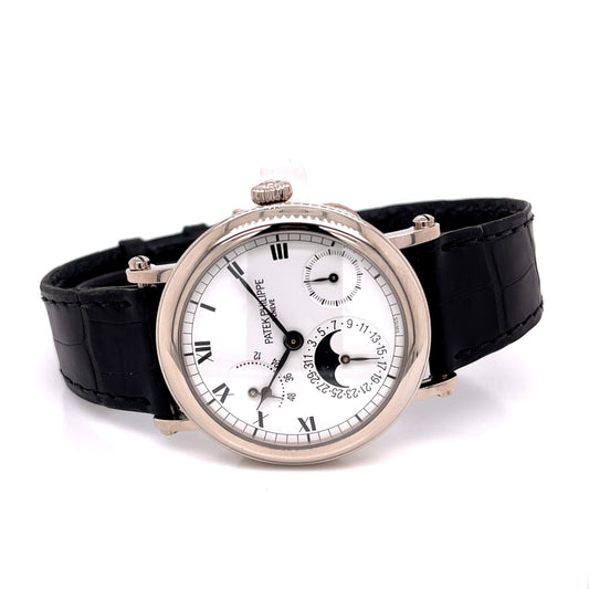 Patek Philippe 18k White Gold 36MM Moon Phase Power Reserve 5054G LUD73H - Beverly Hills Watch Company