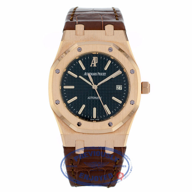 Audemars Piguet Royal Oak Date 39MM Automatic 18k Rose Gold Black Dial Brown Alligator Strap 15300OR.OO.D088CR.01 - Beverly Hills Watch