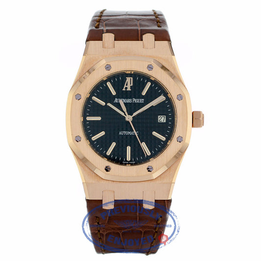 Audemars Piguet Royal Oak Date 39MM Automatic 18k Rose Gold Black Dial Brown Alligator Strap 15300OR.OO.D088CR.01 - Beverly Hills Watch