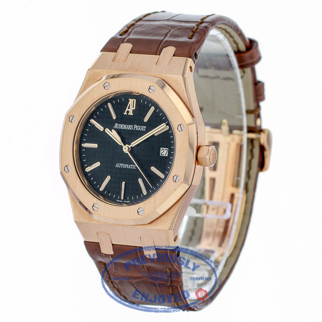 Audemars Piguet Royal Oak Date 39MM Automatic 18k Rose Gold Black Dial Brown Alligator Strap 15300OR.OO.D088CR.01 - Beverly Hills Watch