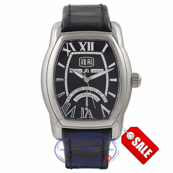 Maurice Lacroix Jours Retrograde Tonneau Masterpiece Stainless Steel Black Dial Black Strap MP6119-SS002-31E 15406 - Beverly Hills Watch Company Watch Store