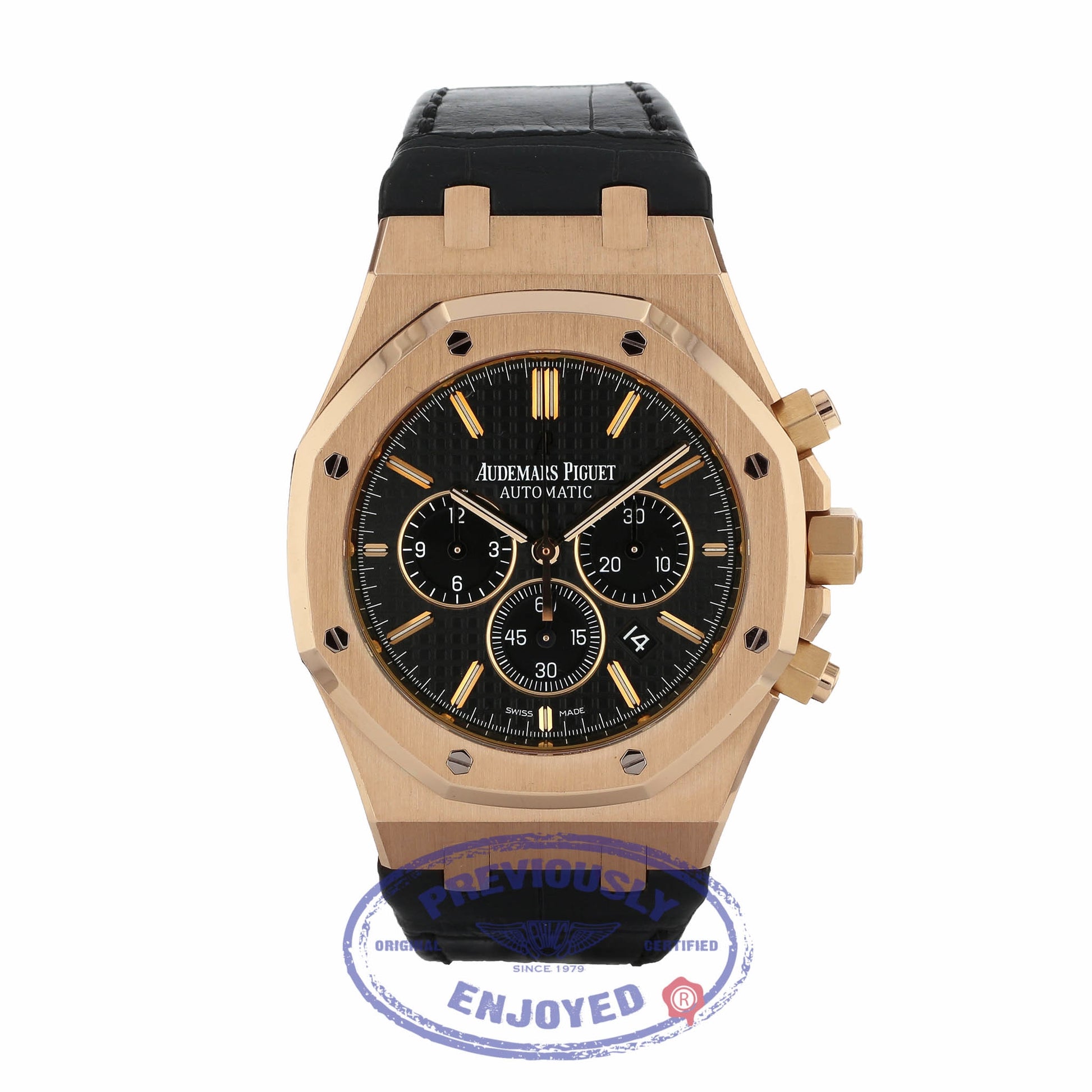 Audemars Piguet Royal Oak Chronograph 41MM 18k Rose Gold Black Dial Black Alligator Strap 26320OR.OO.D002CR.01 NVHWDE - Beverly Hills Watch Company