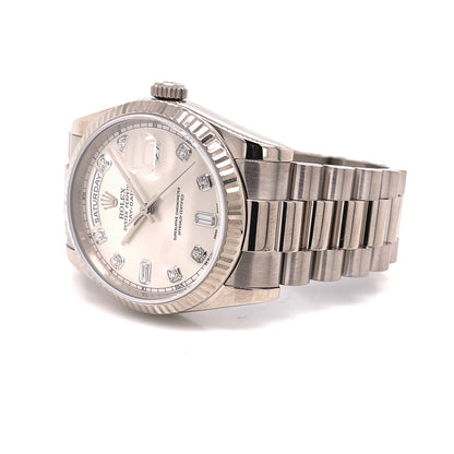 Rolex Day-Date President 36MM White Gold Fluted Silver Diamond Dial President Bracelet 118239 - Beverly Hills Watch Company