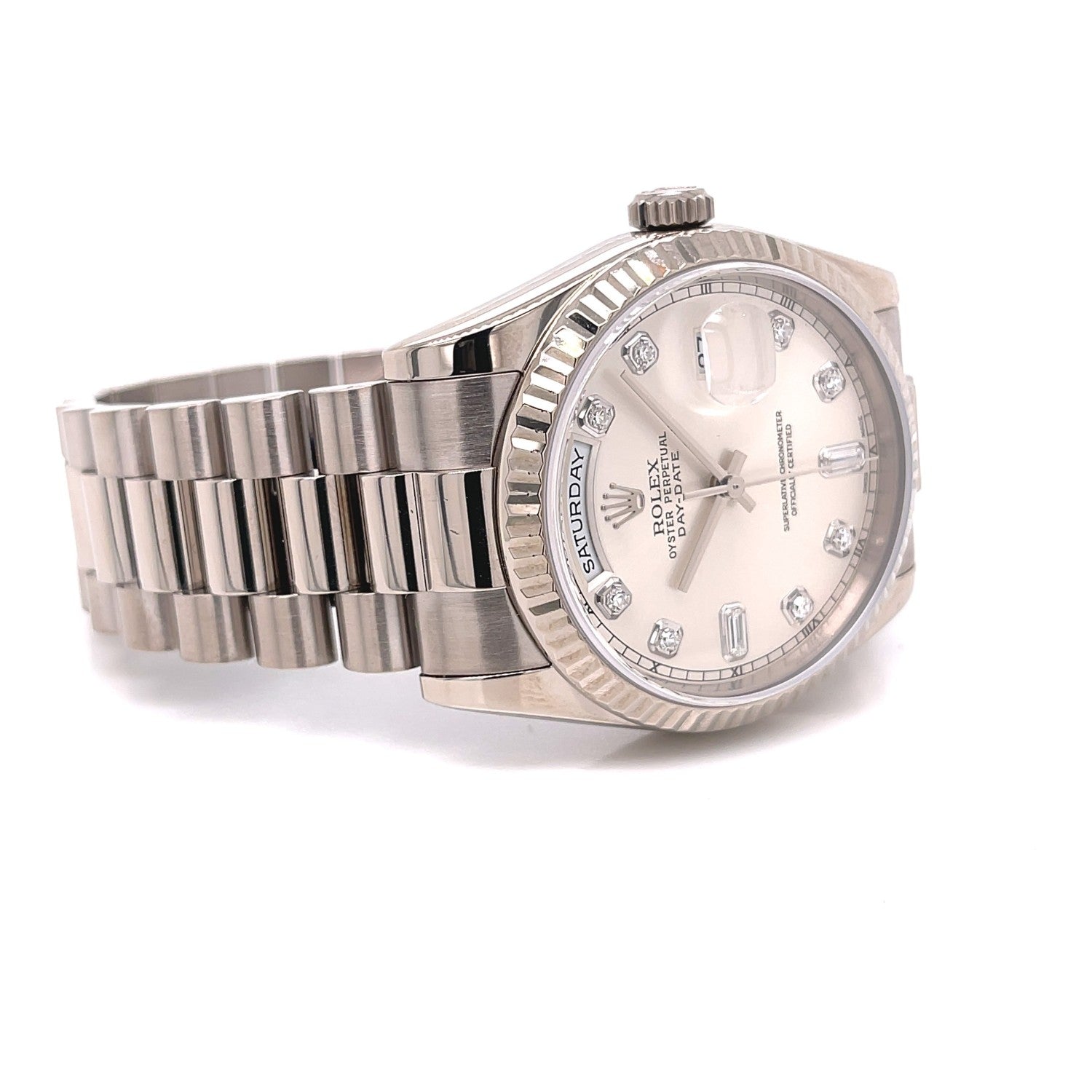 Rolex Day-Date President 36MM White Gold Fluted Silver Diamond Dial President Bracelet 118239 - Beverly Hills Watch Company