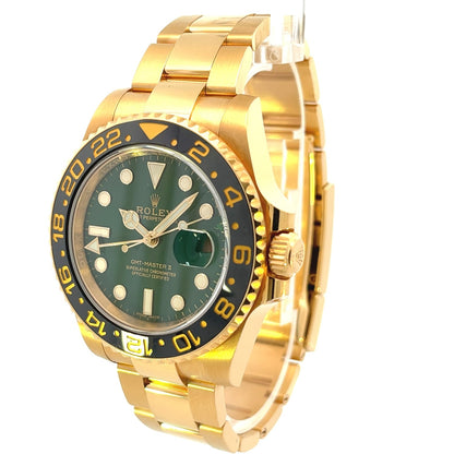 Rolex GMT Master II 18K Yellow Gold Green Dial Black Ceramic Bezel 116718LN - Beverly Hills Watch Company