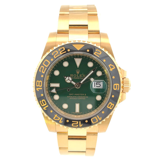 Rolex GMT Master II 18K Yellow Gold Green Dial Black Ceramic Bezel 116718LN - Beverly Hills Watch Company