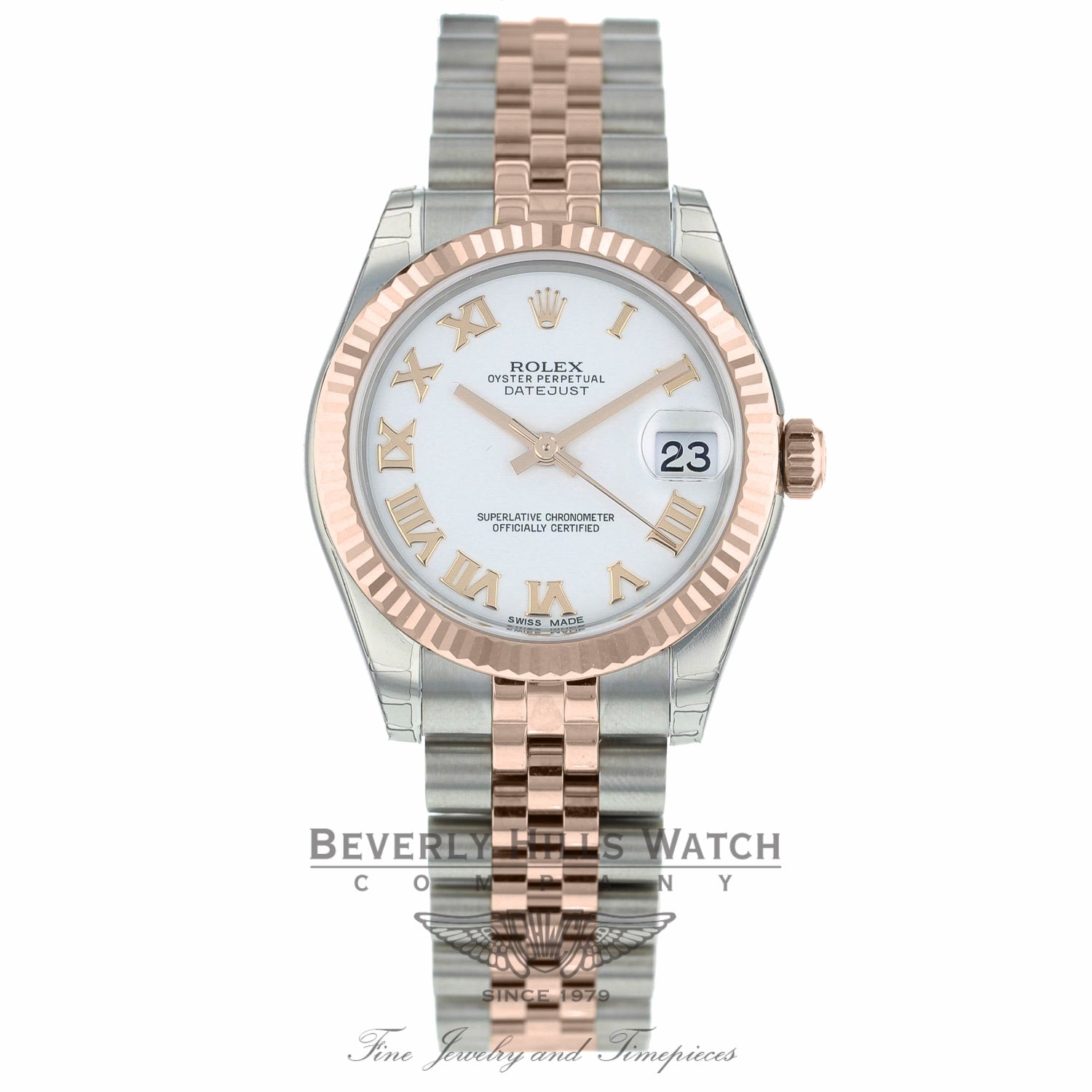 Rolex Datejust 31MM Stainless Steel 18k Rose Gold Fluted Bezel White Roman Numerals Dial 178271 MXNTZH - Beverly Hills Watch Company