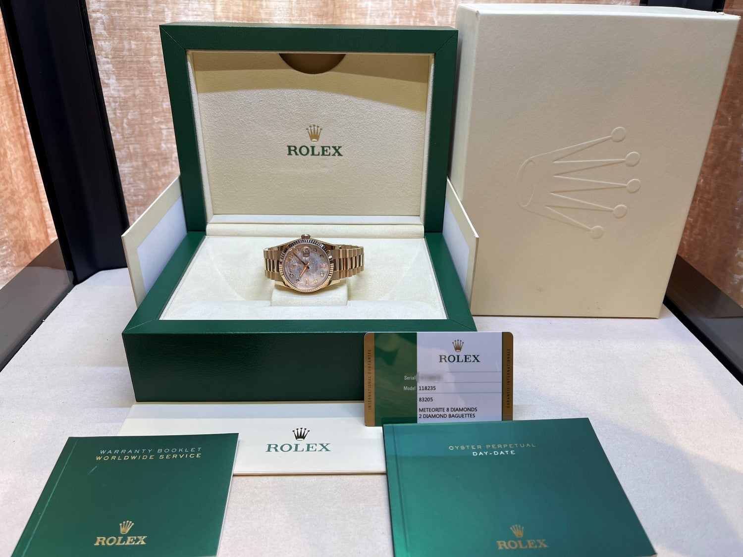 Rolex Day-Date 36mm Everose President Meteorite Diamond 118235 - Beverly Hills Watch Company