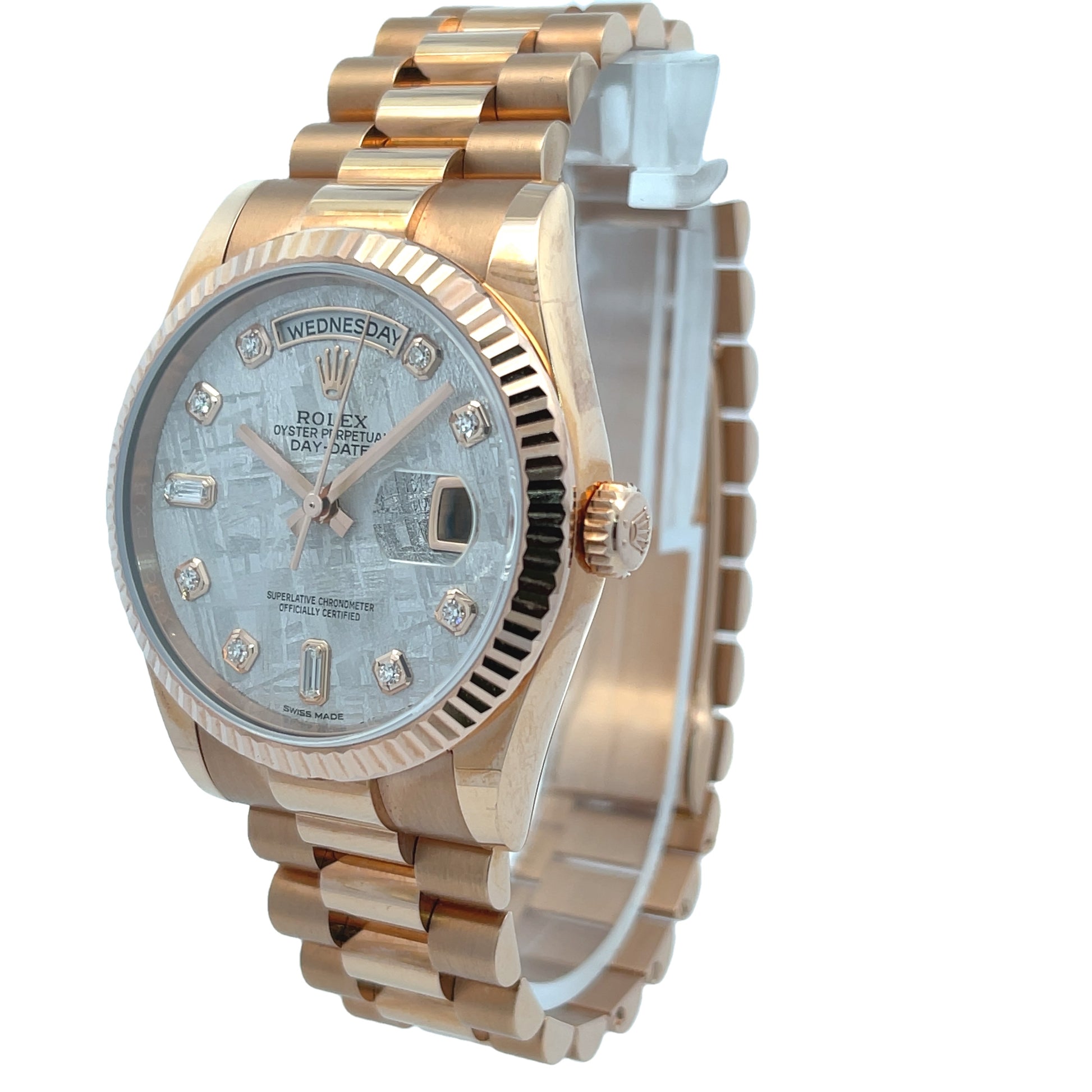 Rolex Day-Date 36mm Everose President Meteorite Diamond 118235 - Beverly Hills Watch Company