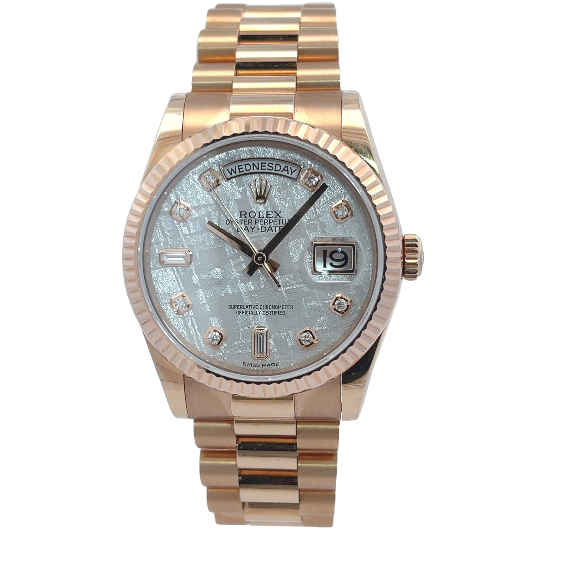 Rolex Day-Date 36mm Everose President Meteorite Diamond 118235 - Beverly Hills Watch Company
