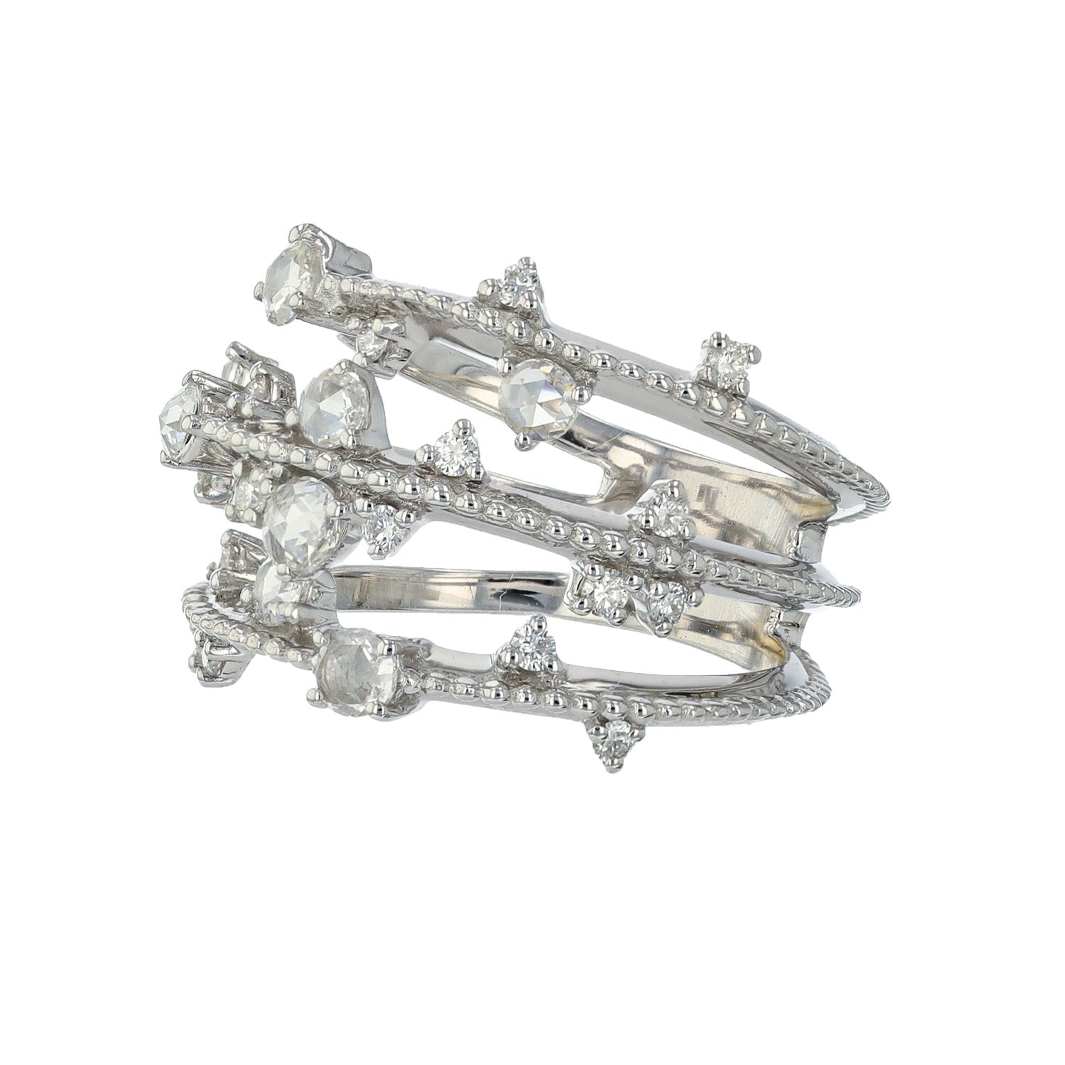 Naira & C Three Row Rose Cut Diamond White Gold Ring A254CK