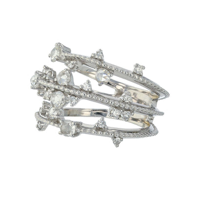 Naira & C Three Row Rose Cut Diamond White Gold Ring A254CK