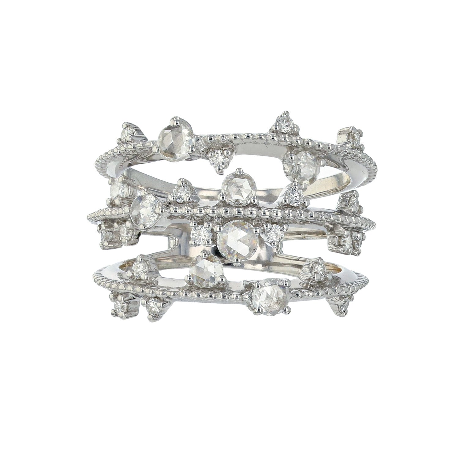 Naira & C Three Row Rose Cut Diamond White Gold Ring A254CK