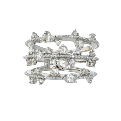 Naira & C Three Row Rose Cut Diamond White Gold Ring A254CK