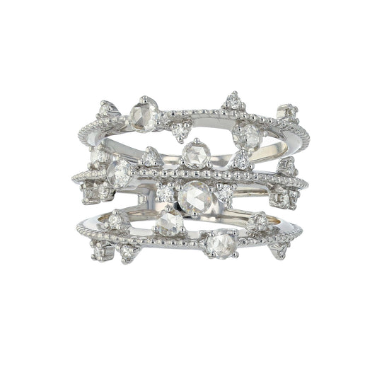 Naira & C Three Row Rose Cut Diamond White Gold Ring A254CK