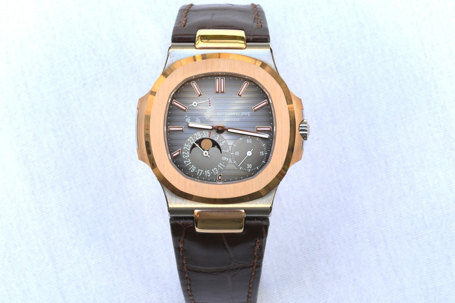 Patek Philippe Nautilus Rose Gold and Stainless Power Reserve Moon Dial 5712GR-001 - Beverly Hills Watch Company