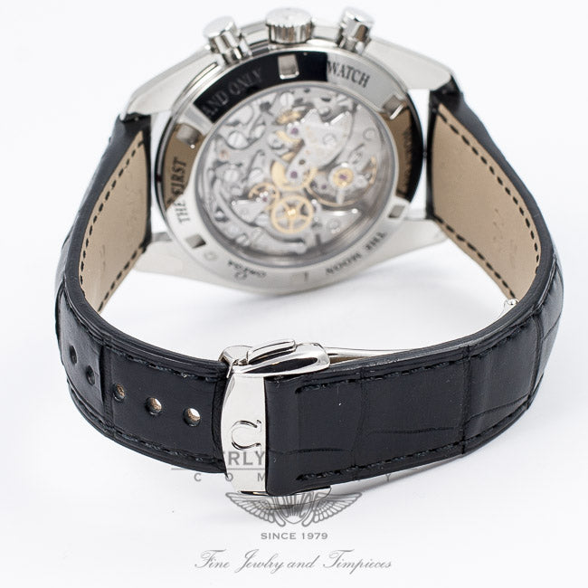 Omega Speedmaster Professional Moon Watch Exhibition Back Manual Wind Sapphire Crystal Leather Strap Watch 3873-50-31 Beverly Hills Watch Company Watch Store