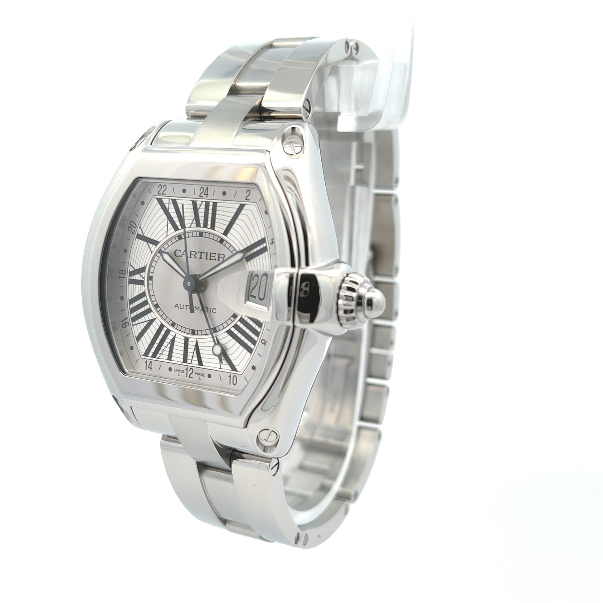Cartier Roadster XL GMT Stainless Steel Silver Dial W62032X6 - Beverly Hills Watch Company