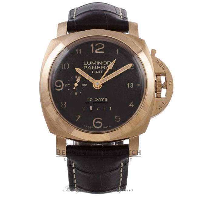 Panerai Aspen Luminor 1950 GMT 44MM 18k Rose Gold Brown Alligator Strap PAM00493 7AR0NT - Beverly Hills Watch Company Watch Store