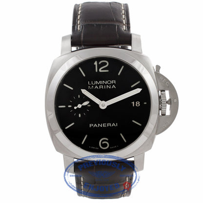Panerai Luminor 1950 3 Days 42MM Stainless Steel Black Dial Brown Alligator Strap PAM00392 CJY9EW - Beverly Hills Watch Store