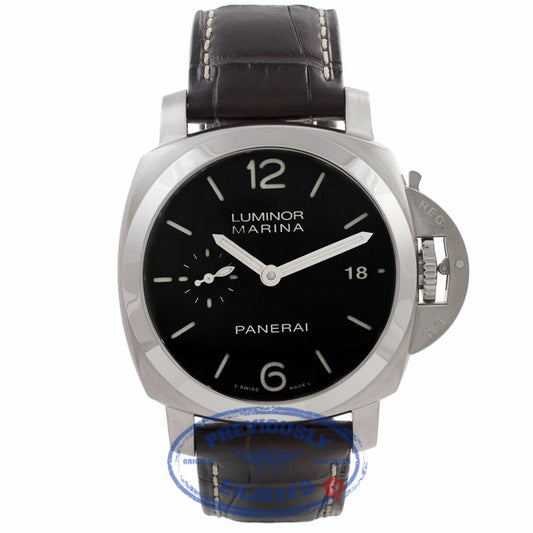 Panerai Luminor 1950 3 Days 42MM Stainless Steel Black Dial Brown Alligator Strap PAM00392 CJY9EW - Beverly Hills Watch Store